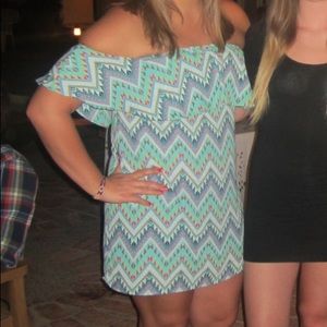 Patterned off shoulder mini dress